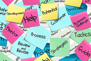 Business planning sticky notes showing terms like Process, Review, Help, and Tactics for startup legal strategy
