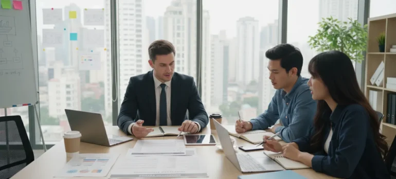Office meeting between a tech startup team and a lawyer reviewing a software agreement