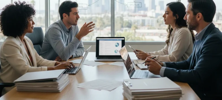 Diverse tech founders and a lawyer in a strategic meeting within a bright, minimalist office.