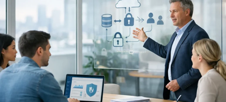 Data privacy lawyer explaining data flow and security practices to startup founders in a modern office, with privacy and cloud diagrams displayed on a glass board.